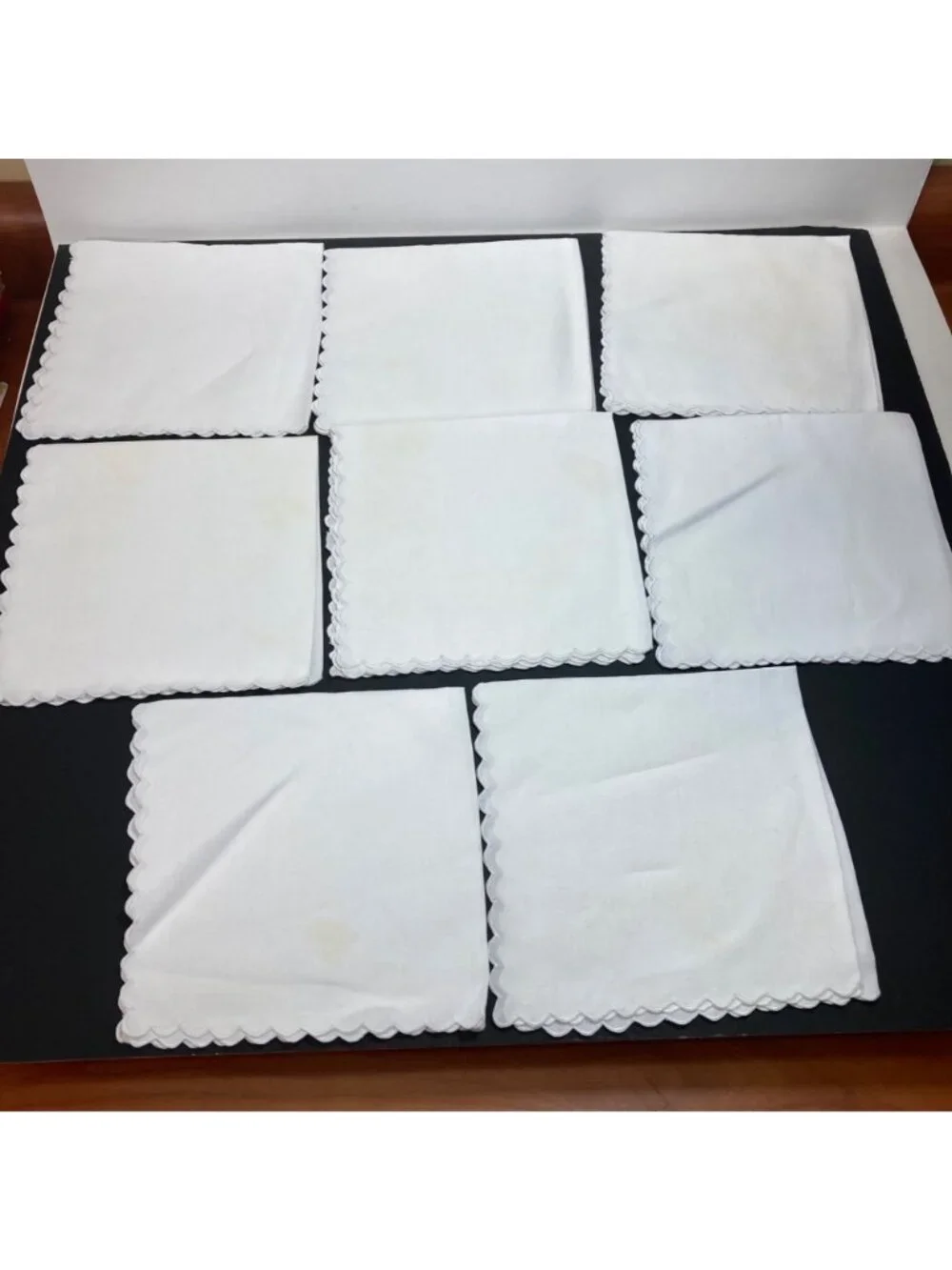 Vintage Linen Napkins White Embroidered Square 6.5 inches Flaws some Yellowing